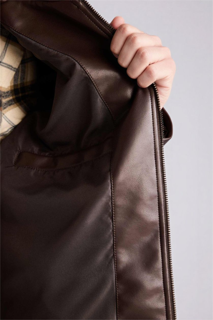 Man Dark Brown Regular Fit Faux Leather Jacket