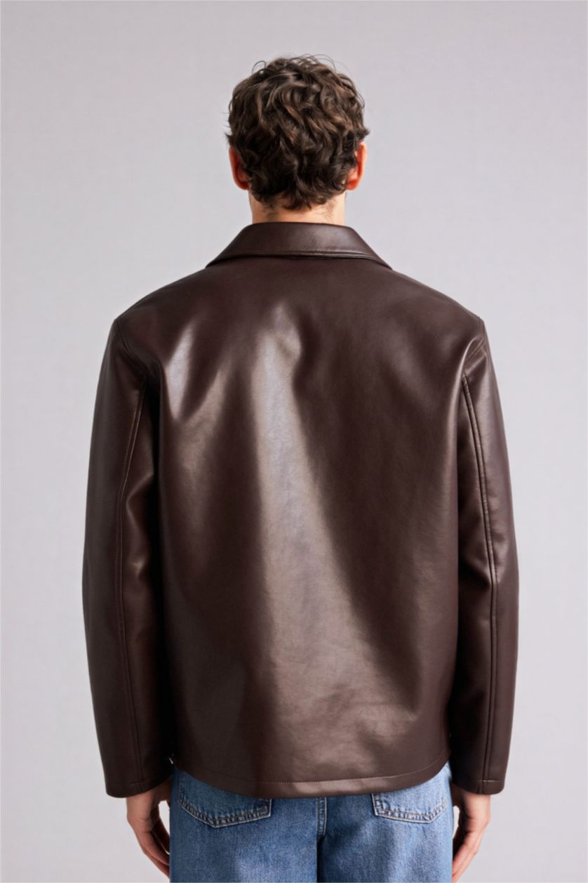 Man Dark Brown Regular Fit Faux Leather Jacket