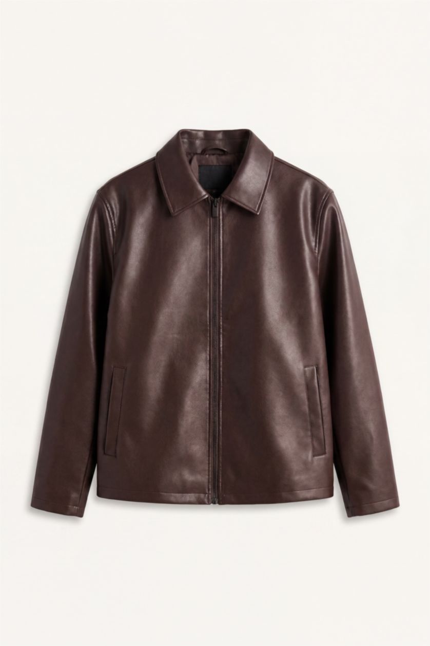 Men Dark Brown Zipper Faux Leather Jacket