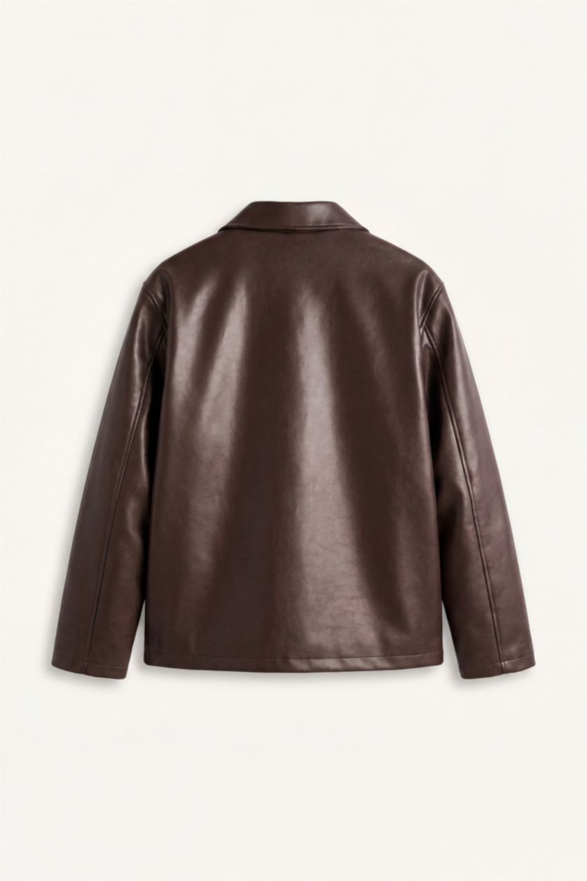 Men Dark Brown Zipper Faux Leather Jacket