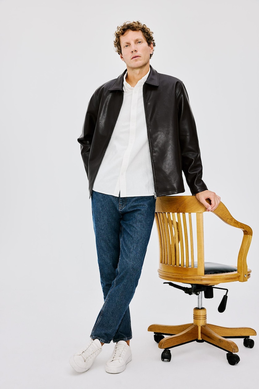 Men Dark Brown Zipper Faux Leather Jacket