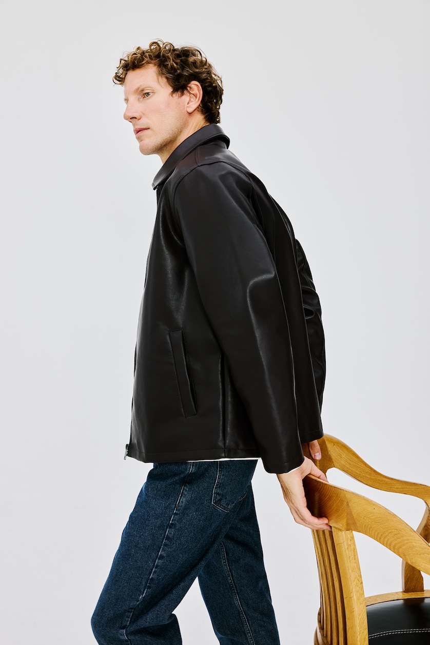 Men Dark Brown Zipper Faux Leather Jacket