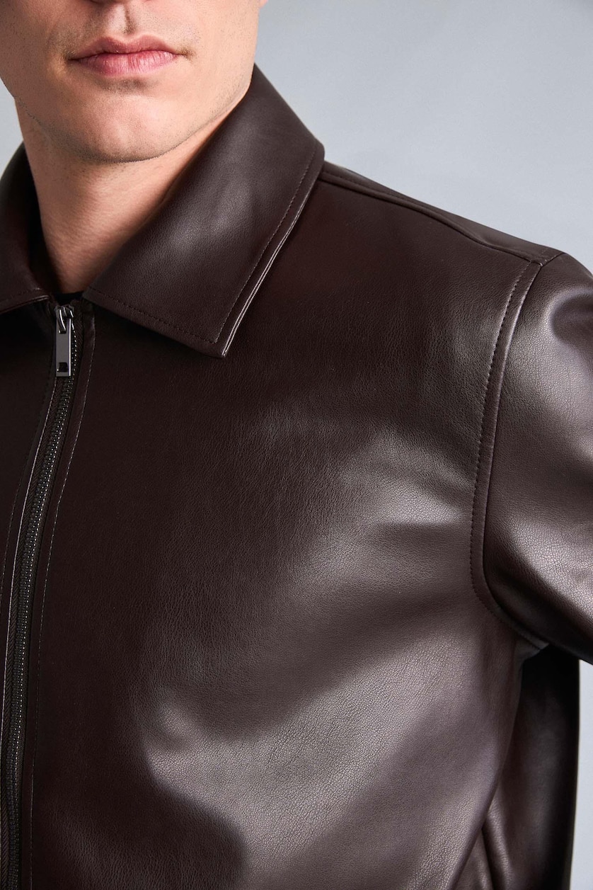 Men Dark Brown Zipper Faux Leather Jacket
