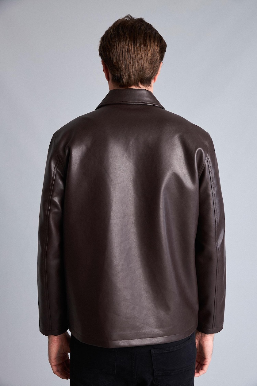 Men Dark Brown Zipper Faux Leather Jacket
