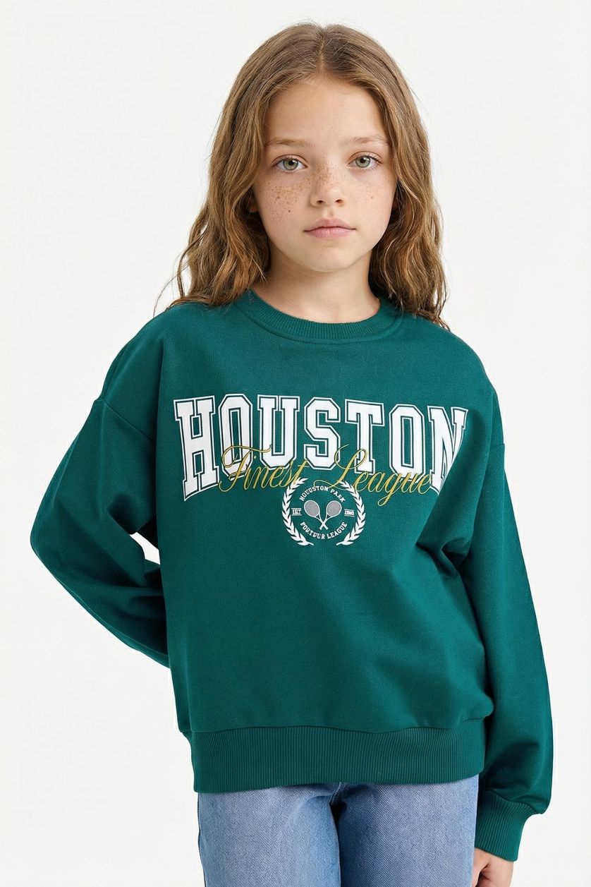 Kız Çocuk - Genç Kız Koyu Yeşil Relax Fit Bisiklet Yaka Baskılı Sweatshirt Kız Çocuk