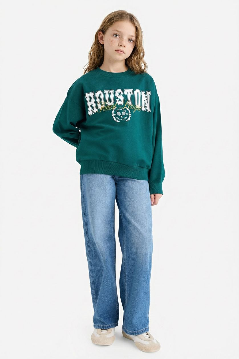 Kız Çocuk - Genç Kız Koyu Yeşil Relax Fit Bisiklet Yaka Baskılı Sweatshirt Kız Çocuk