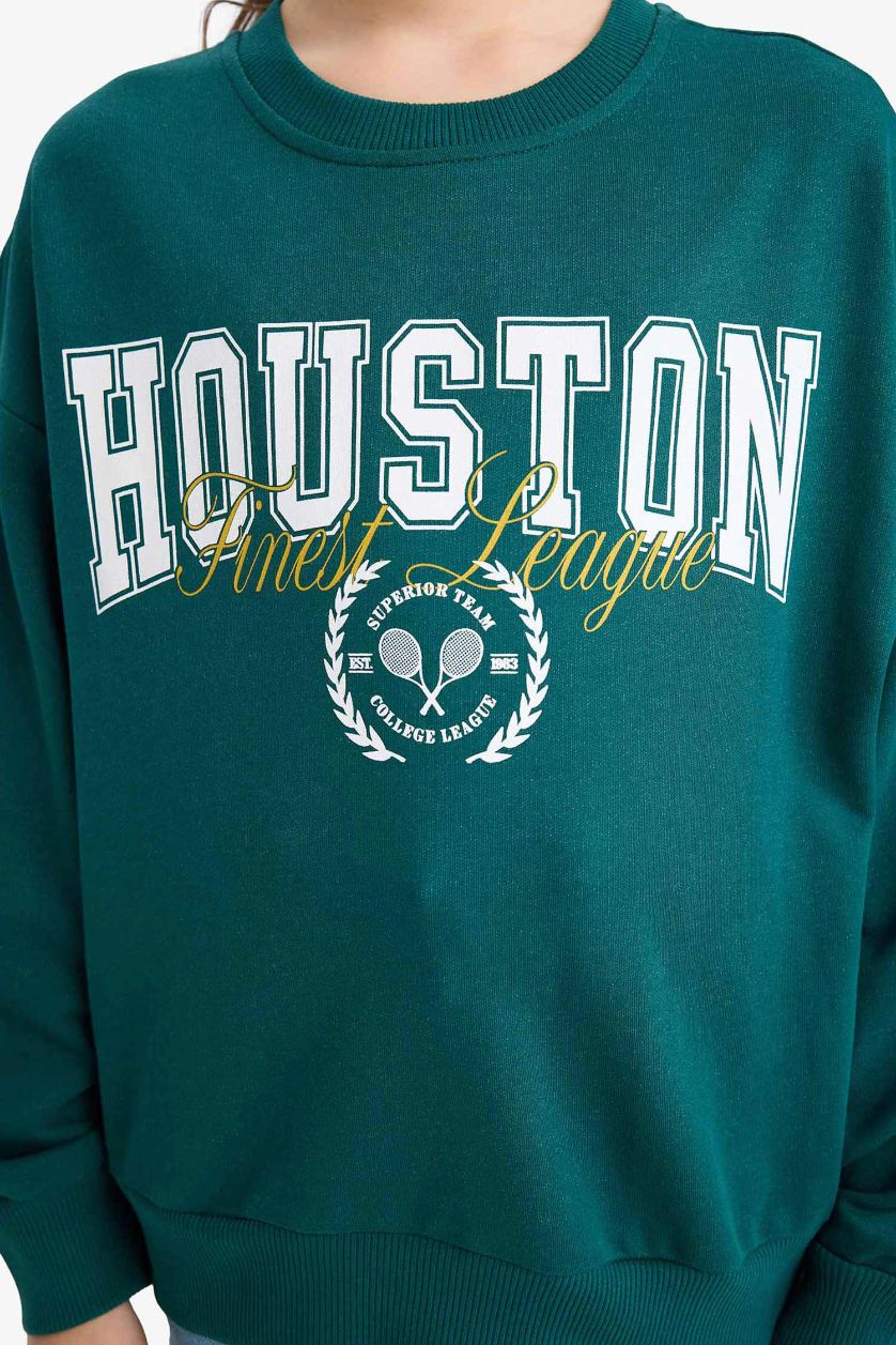 Kız Çocuk - Genç Kız Koyu Yeşil Relax Fit Bisiklet Yaka Baskılı Sweatshirt Kız Çocuk