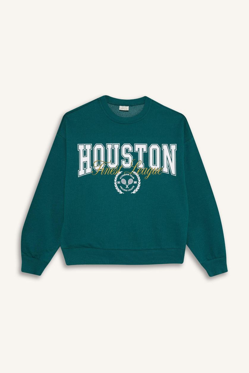 Kız Çocuk - Genç Kız Koyu Yeşil Relax Fit Bisiklet Yaka Baskılı Sweatshirt Kız Çocuk