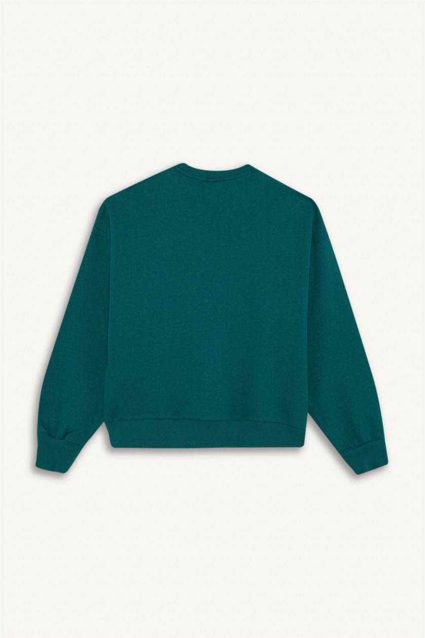 Kız Çocuk - Genç Kız Koyu Yeşil Relax Fit Bisiklet Yaka Baskılı Sweatshirt Kız Çocuk