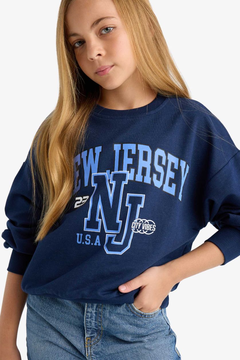 Kız Çocuk - Genç Kız Lacivert Relax Fit Bisiklet Yaka Baskılı Sweatshirt Kız Çocuk