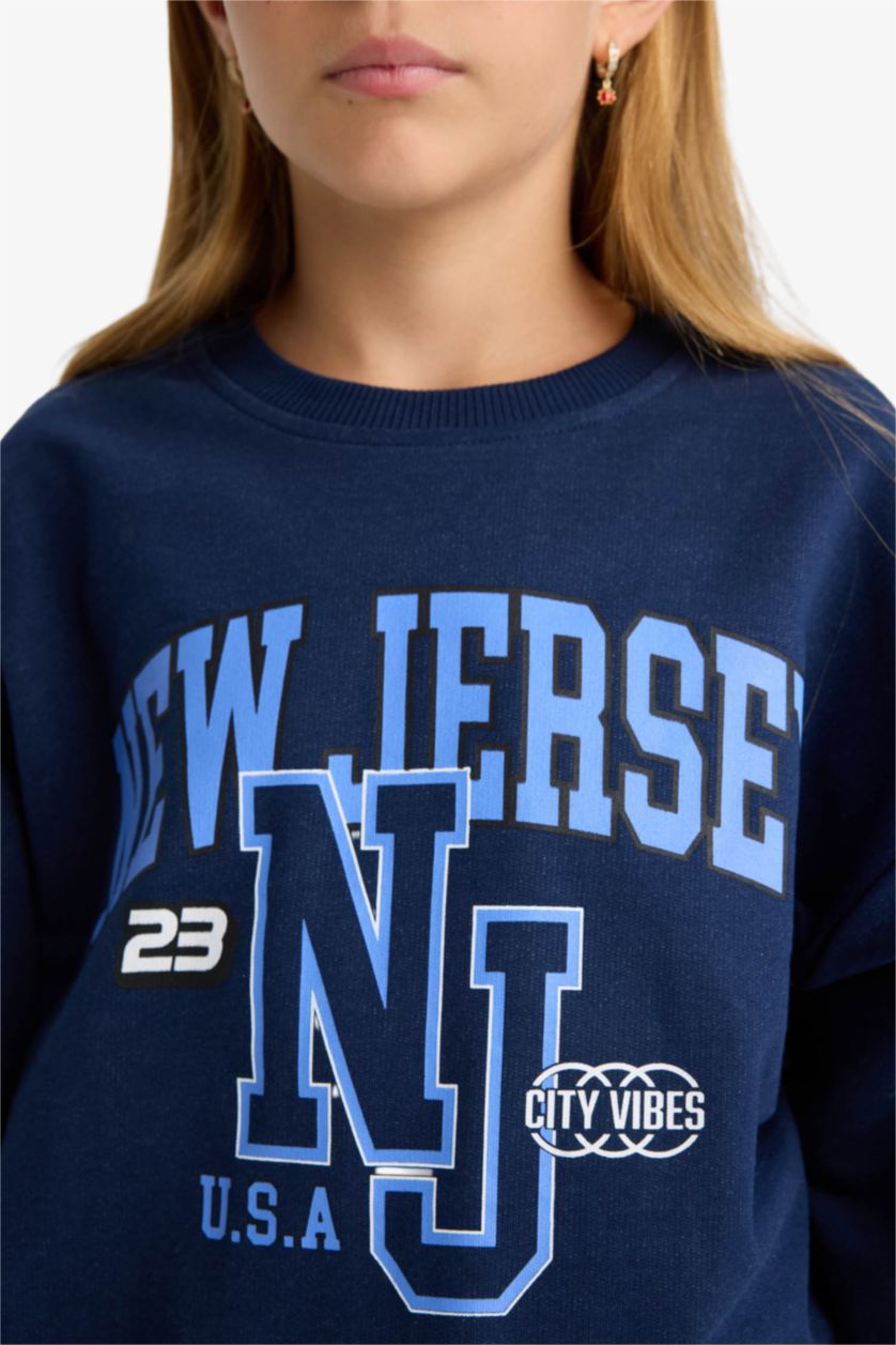 Kız Çocuk - Genç Kız Lacivert Relax Fit Bisiklet Yaka Baskılı Sweatshirt Kız Çocuk