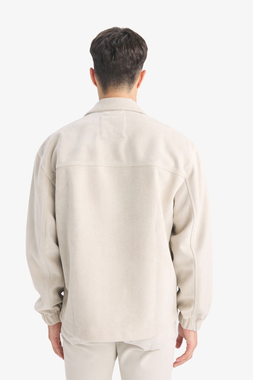 Erkek Taş Oversize Geniş Kalıp Gömlek Yaka Çıtçıtlı Fermuarlı İç Cepli Süet Mont