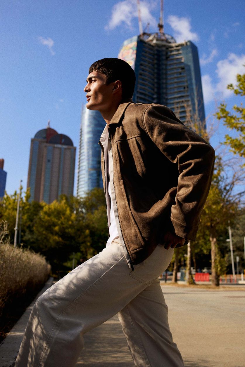 Erkek Vizon Regular Fit Gömlek Yaka Fermuarlı İç Cepli Süet Mont