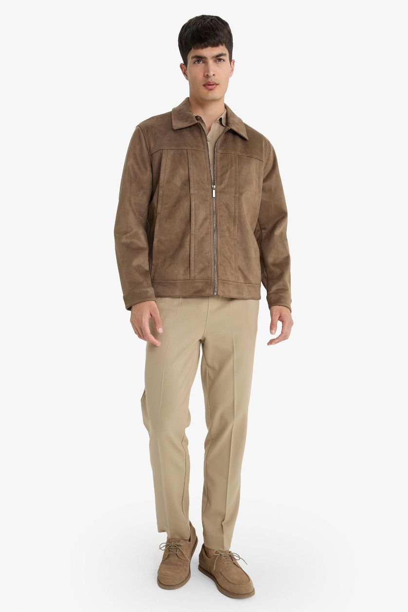 Erkek Vizon Regular Fit Gömlek Yaka Fermuarlı İç Cepli Süet Mont