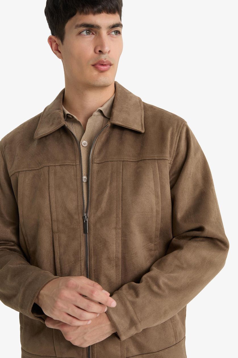 Erkek Vizon Regular Fit Gömlek Yaka Fermuarlı İç Cepli Süet Mont