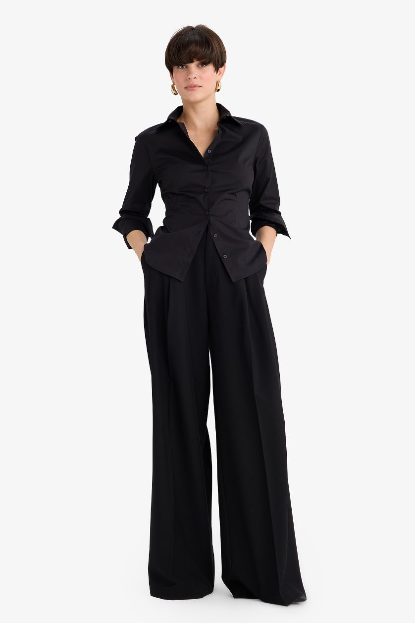 WOMAN Black Slim Fit Shirt Collar Long Sleeve Shirt