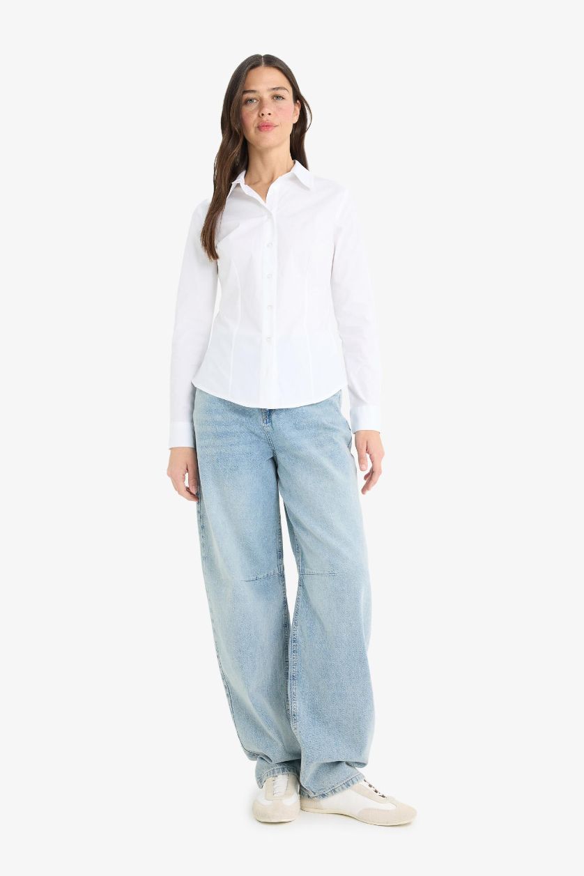 WOMAN White Slim Fit Shirt Collar Long Sleeve Shirt