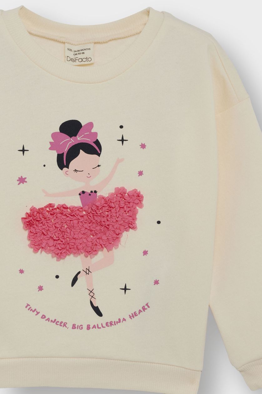 Baby Girl Ecru Baby Girl Crew Neck Ballerina Printed Sweatshirt
