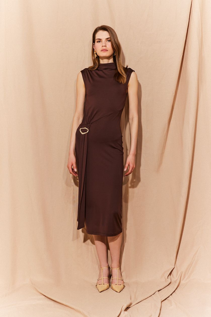 WOMAN Brown Bodycon Body-hugging Turtleneck Basic Sleeveless Midi Dress