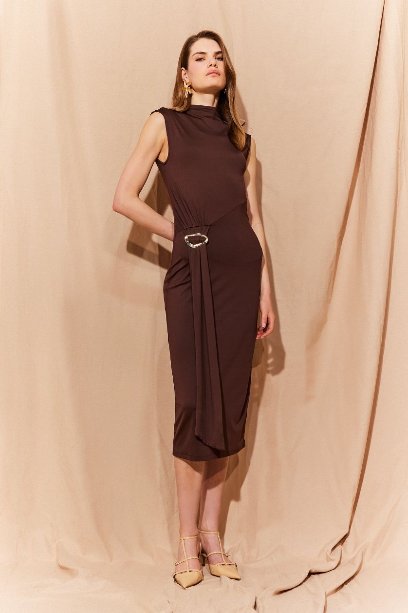 WOMAN Brown Bodycon Body-hugging Turtleneck Basic Sleeveless Midi Dress