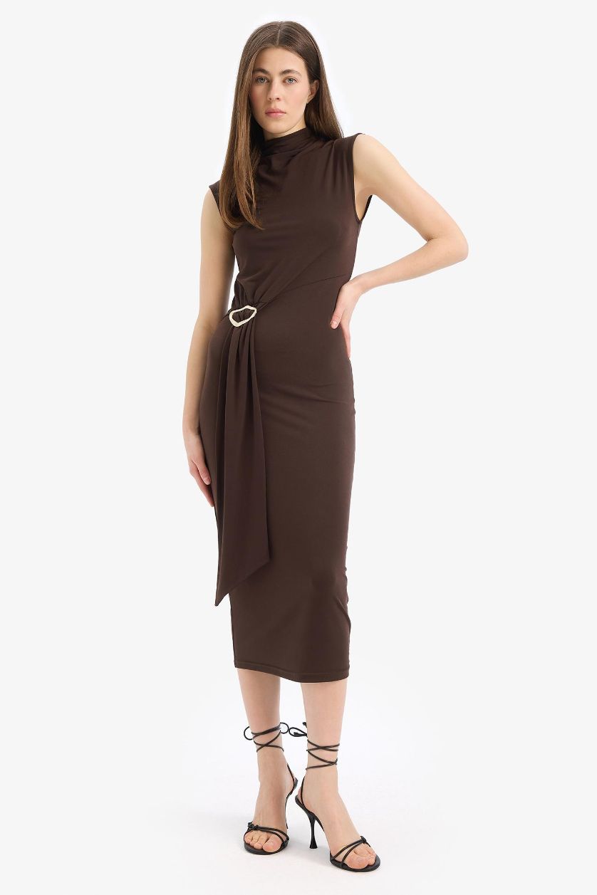 WOMAN Brown Bodycon Body-hugging Turtleneck Basic Sleeveless Midi Dress