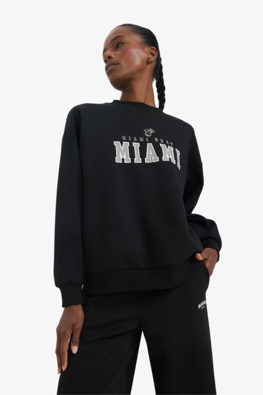 WOMAN Black DeFactoFit NBA Miami Heat Oversize Fit Scuba Fabric Sports Sweatshirt