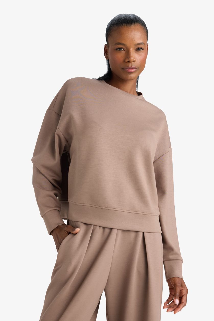 Kadın Açık Kahve Oversize Geniş Kalıp Bisiklet Yaka Modal Sporcu Sweatshirt