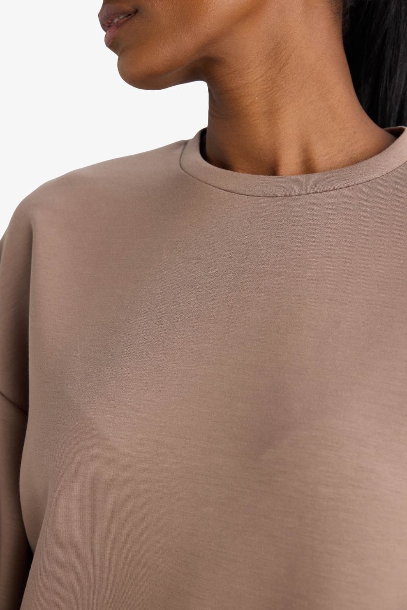 Kadın Açık Kahve Oversize Geniş Kalıp Bisiklet Yaka Modal Sporcu Sweatshirt