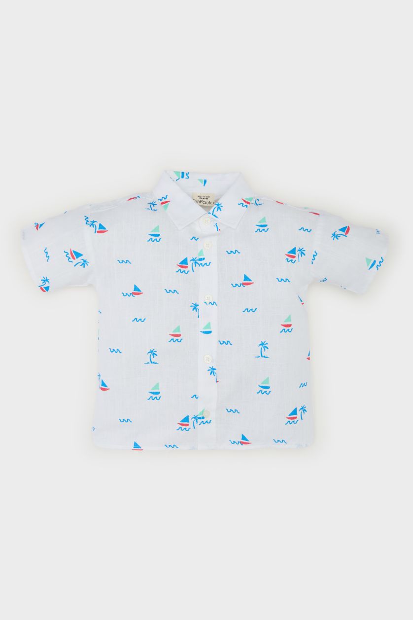 Erkek Bebek Ekru Deniz Baskılı Flamlı Poplin Kısa Kollu Gömlek Erkek Bebek