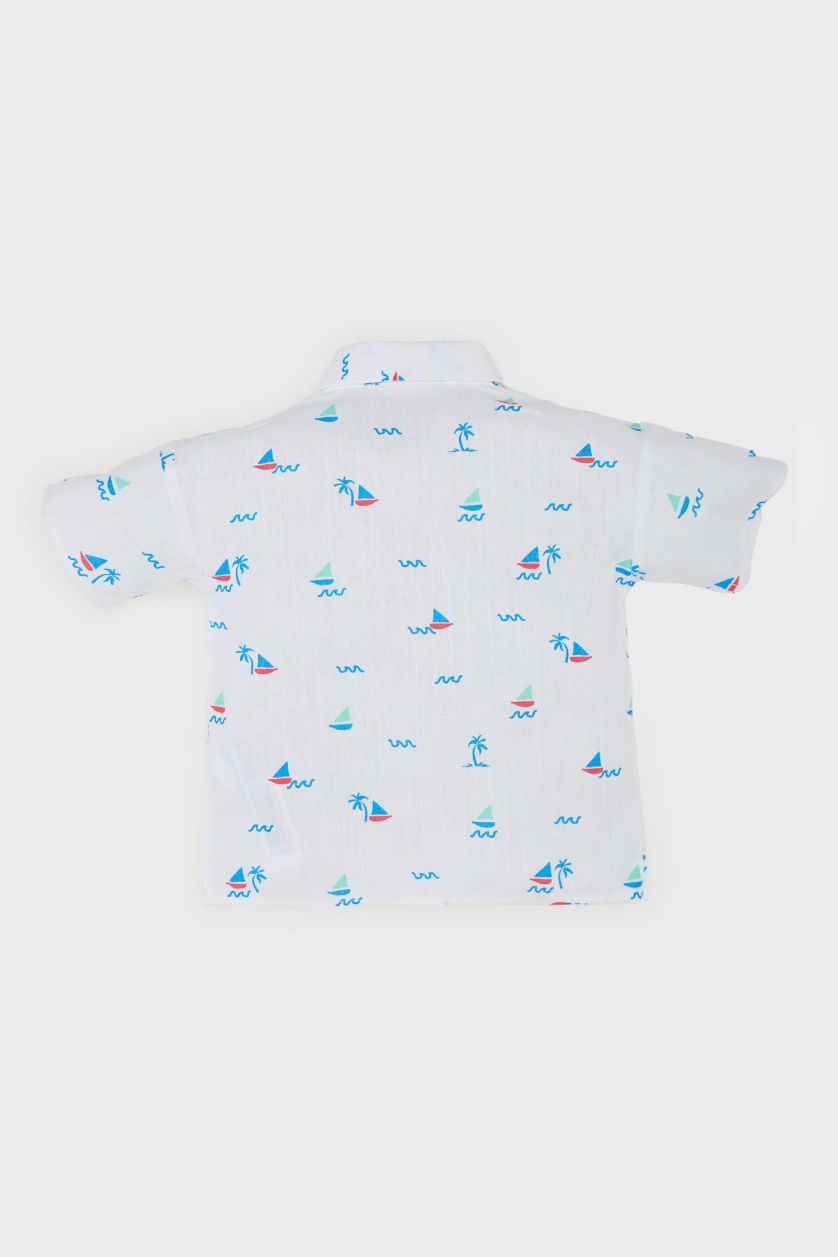 Erkek Bebek Ekru Deniz Baskılı Flamlı Poplin Kısa Kollu Gömlek Erkek Bebek