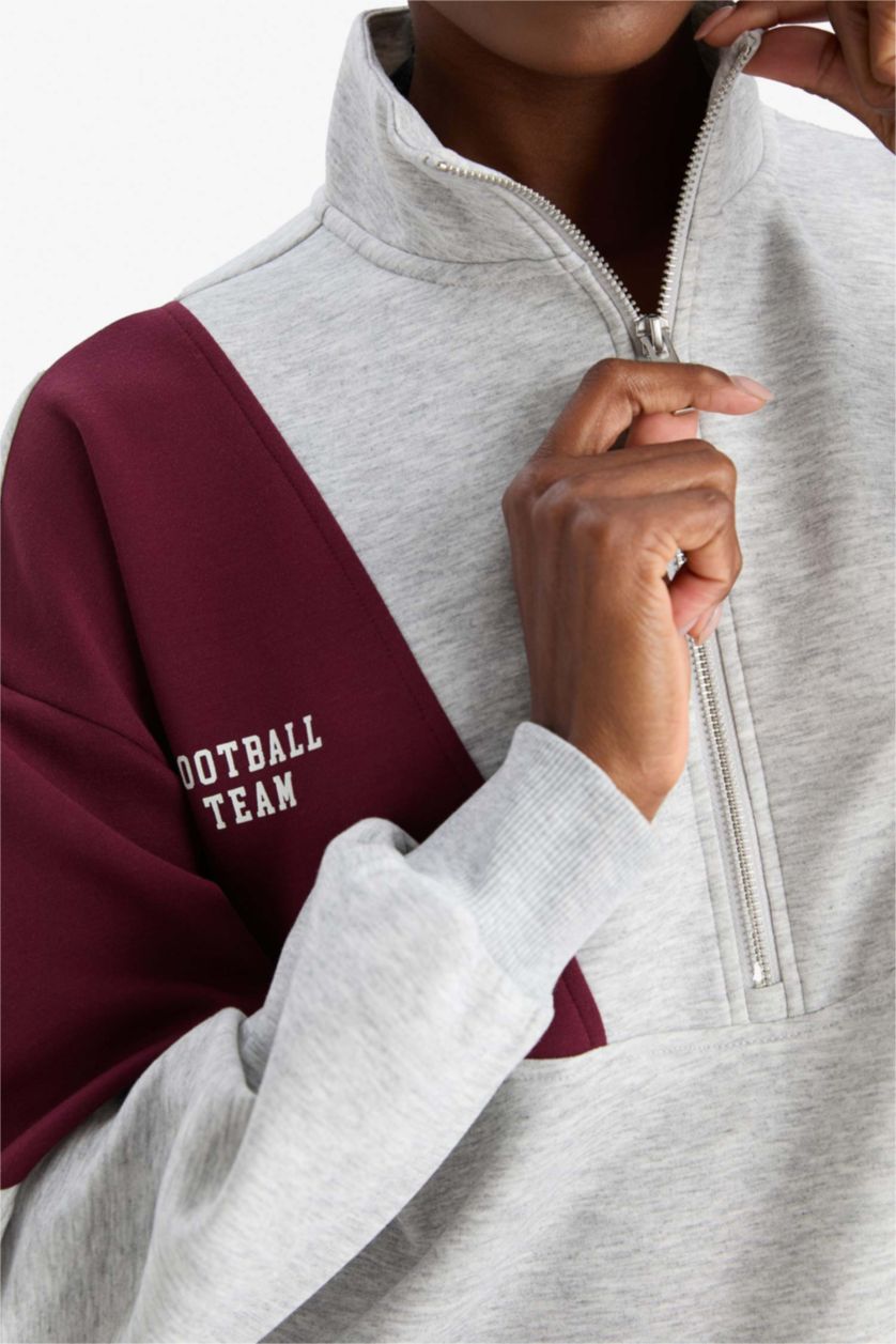 WOMAN Light Grey Melange DeFactoFit Oversize Loose Fit Half Zip-Up Scuba Fabric Sports Sweatshirt