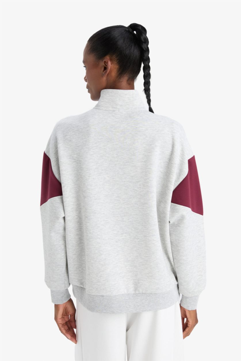 WOMAN Light Grey Melange DeFactoFit Oversize Loose Fit Half Zip-Up Scuba Fabric Sports Sweatshirt