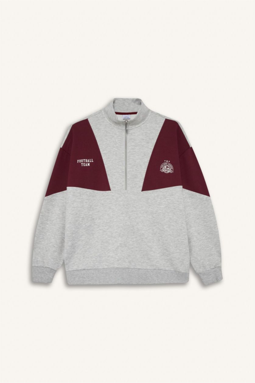 WOMAN Light Grey Melange DeFactoFit Oversize Loose Fit Half Zip-Up Scuba Fabric Sports Sweatshirt