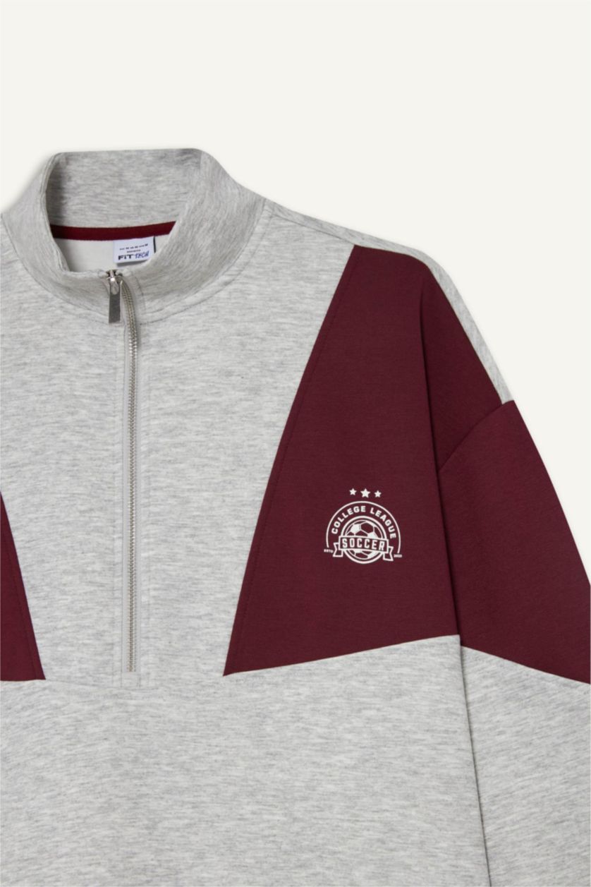 WOMAN Light Grey Melange DeFactoFit Oversize Loose Fit Half Zip-Up Scuba Fabric Sports Sweatshirt