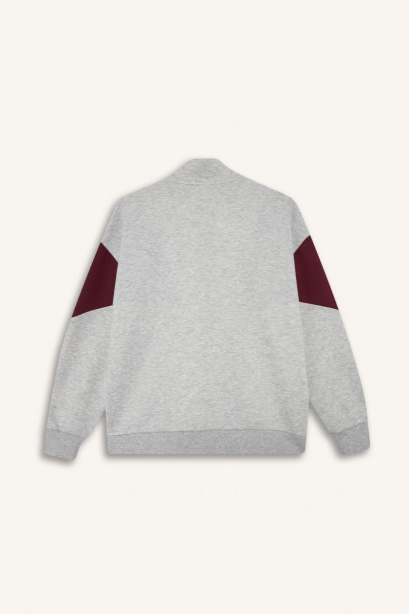 WOMAN Light Grey Melange DeFactoFit Oversize Loose Fit Half Zip-Up Scuba Fabric Sports Sweatshirt