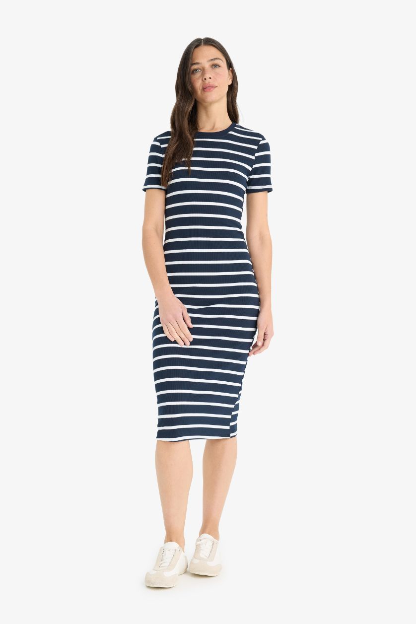 WOMAN NAVY Bodycon Crew Neck Striped Camisole Midi Dress