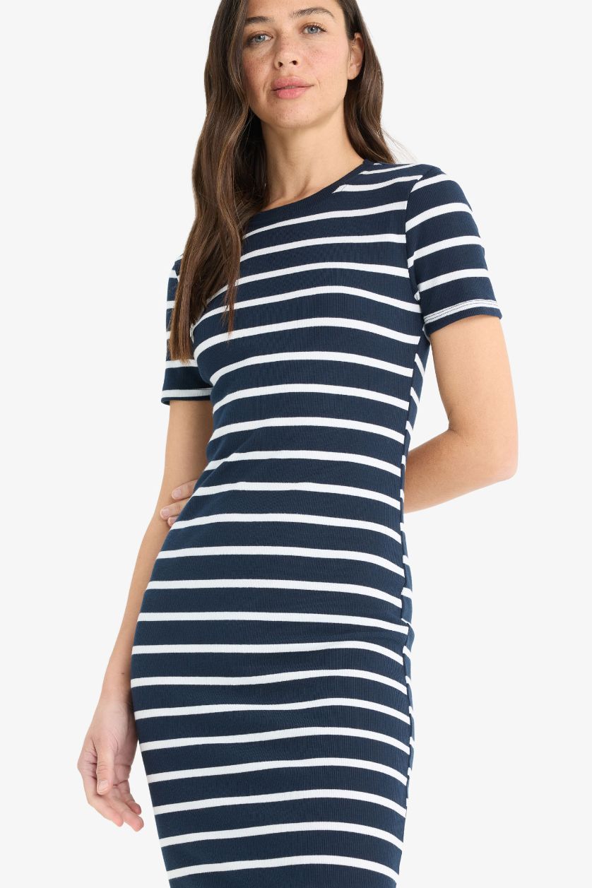 WOMAN NAVY Bodycon Crew Neck Striped Camisole Midi Dress