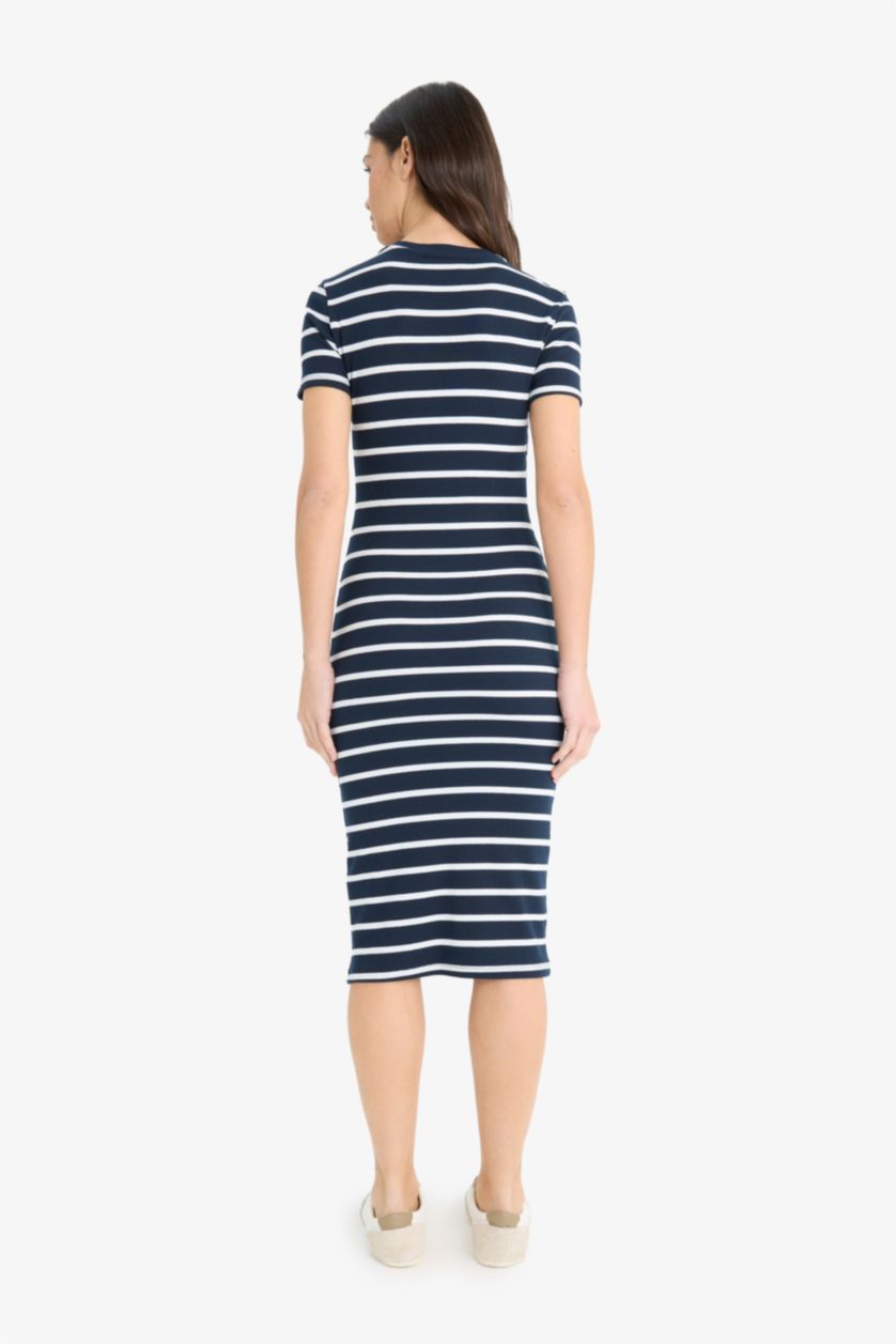 WOMAN NAVY Bodycon Crew Neck Striped Camisole Midi Dress