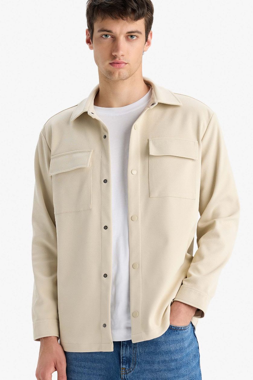 Man Beige قيمص تويل ردن طويل وقصة عادية