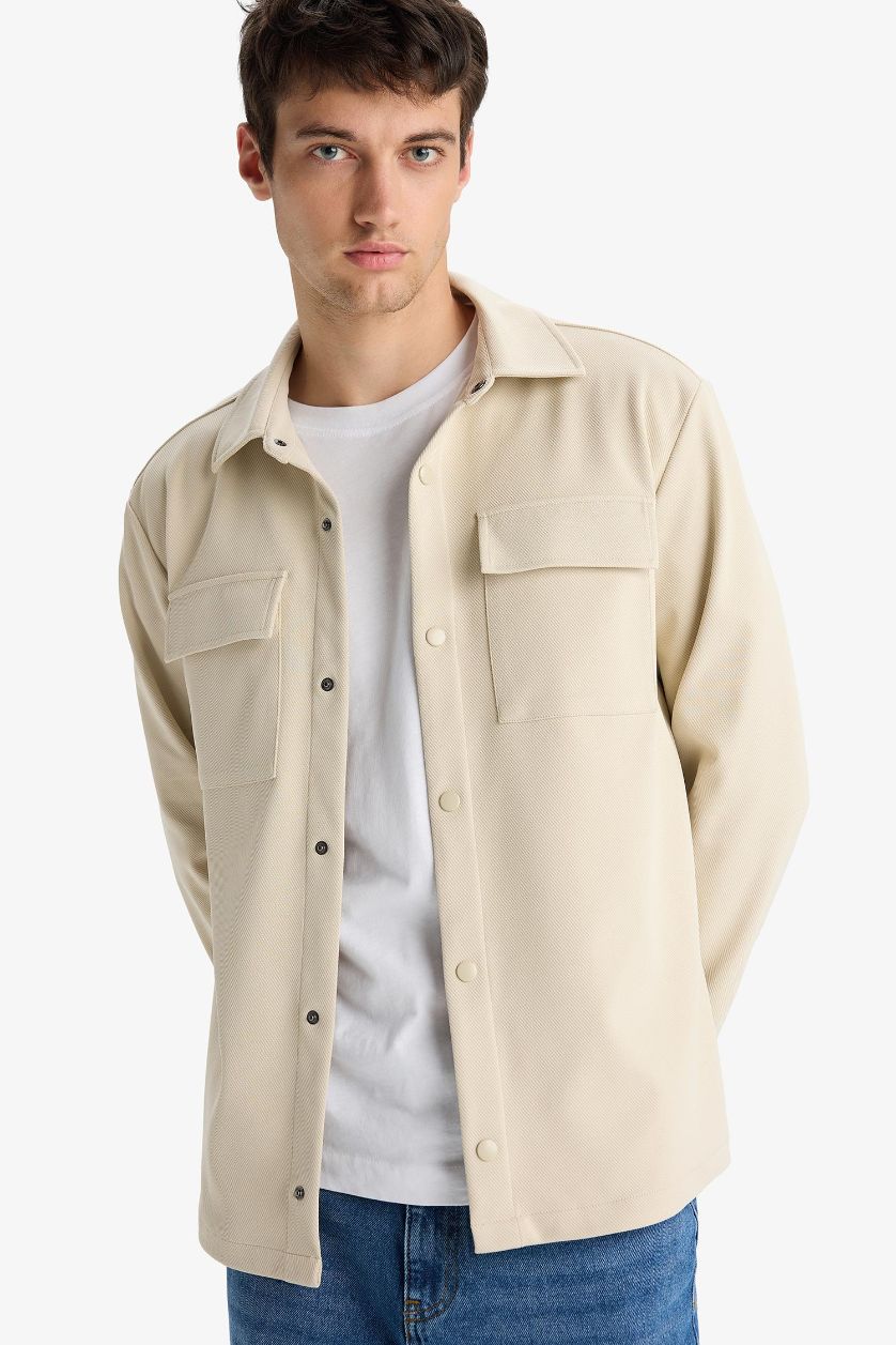 Man Beige قيمص تويل ردن طويل وقصة عادية