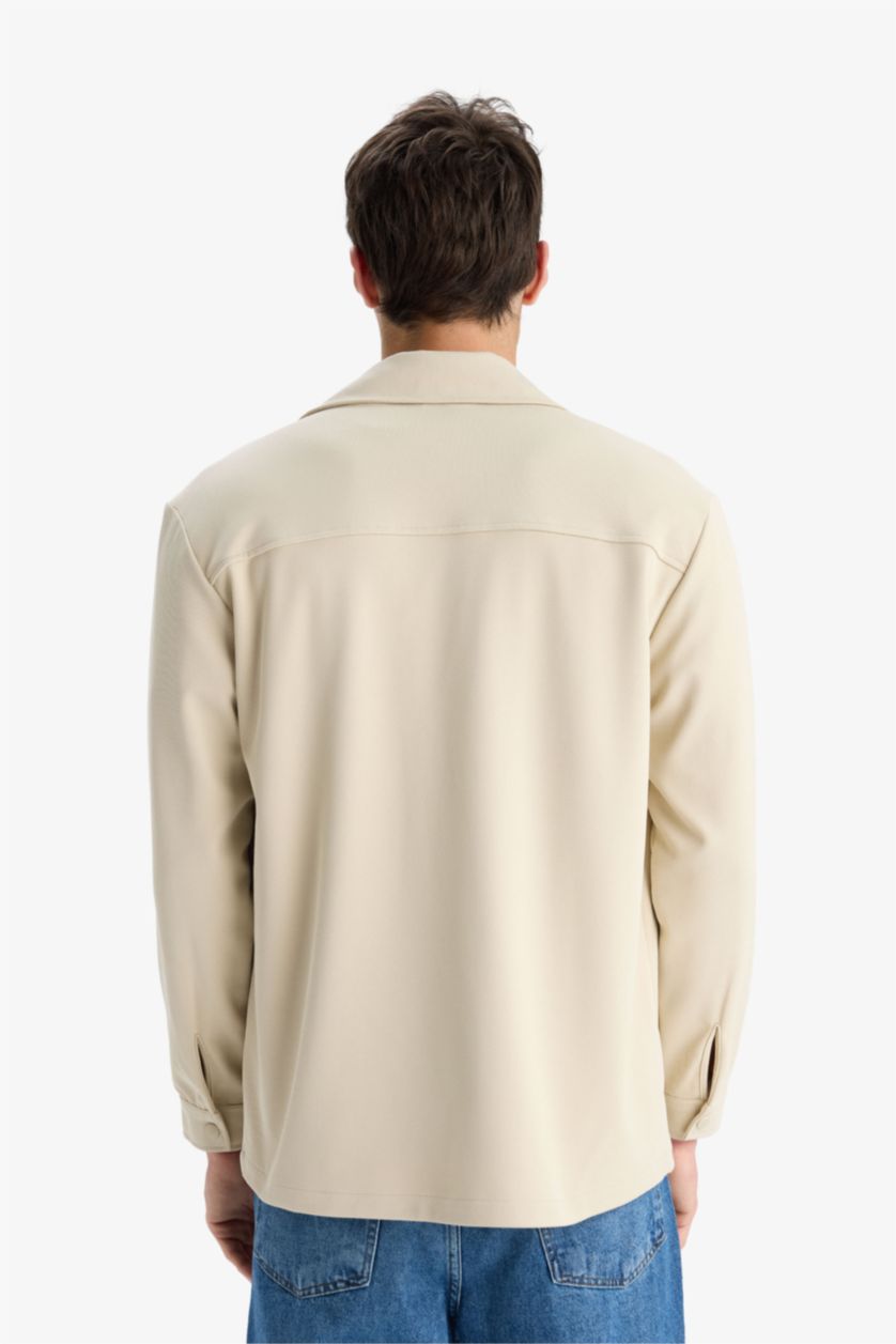Man Beige قيمص تويل ردن طويل وقصة عادية