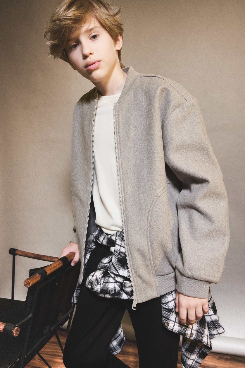 BOYS & TEENS Grey Melange Boy College Collar Zippered Bomber Jacket