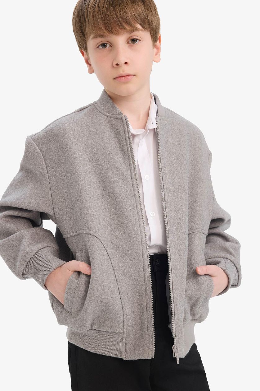 BOYS & TEENS Grey Melange Boy College Collar Zippered Bomber Jacket
