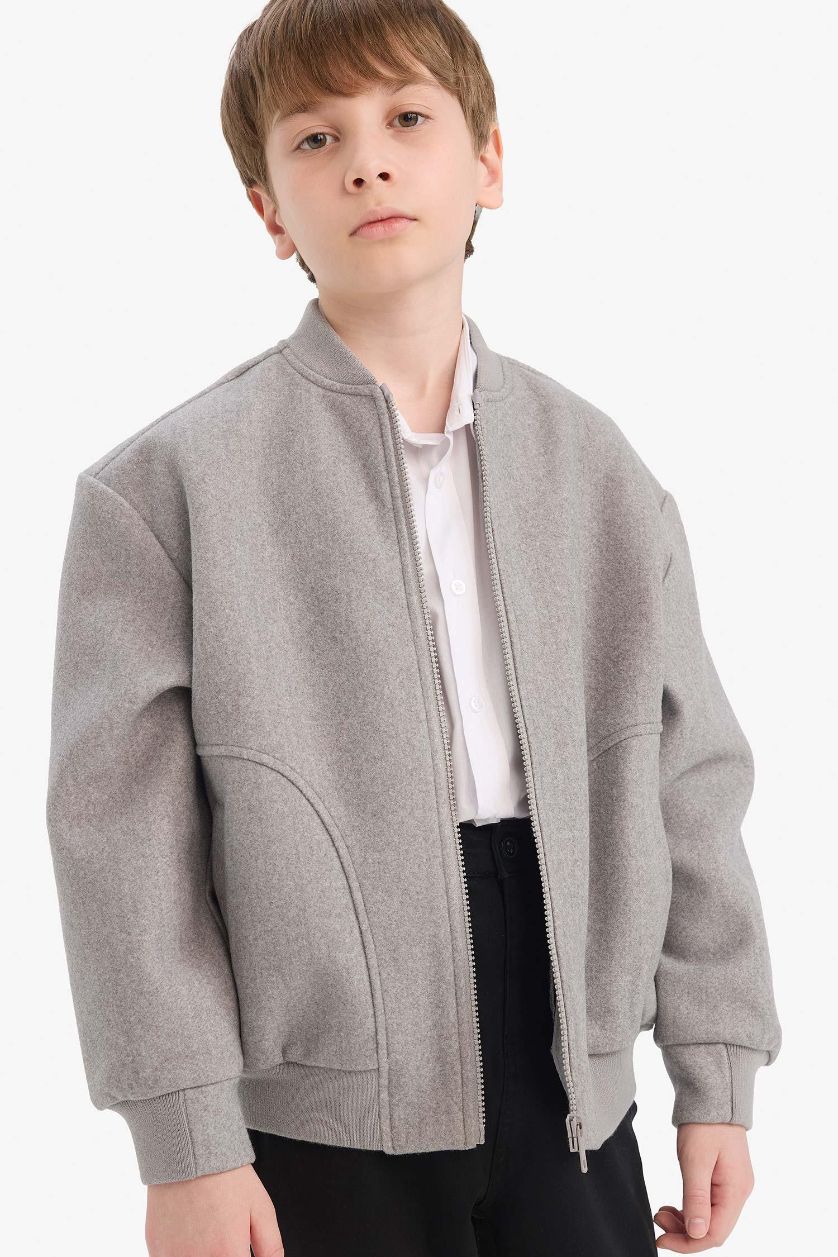BOYS & TEENS Grey Melange Boy College Collar Zippered Bomber Jacket