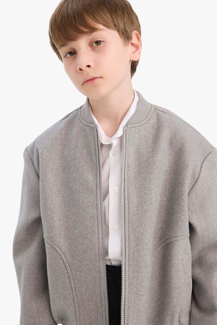 BOYS & TEENS Grey Melange Boy College Collar Zippered Bomber Jacket