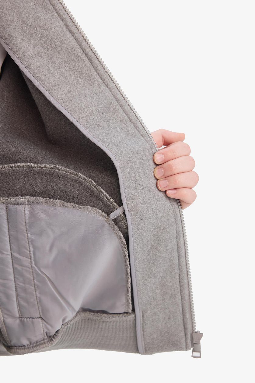 BOYS & TEENS Grey Melange Boy College Collar Zippered Bomber Jacket