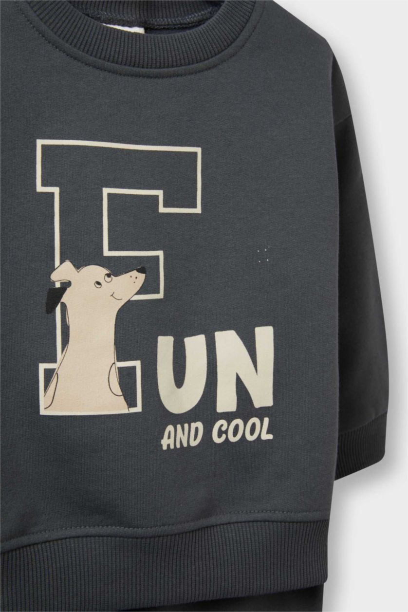 Erkek Bebek Gri 2'li Takım Baskılı Sweatshirt Eşofman Altı Erkek Bebek