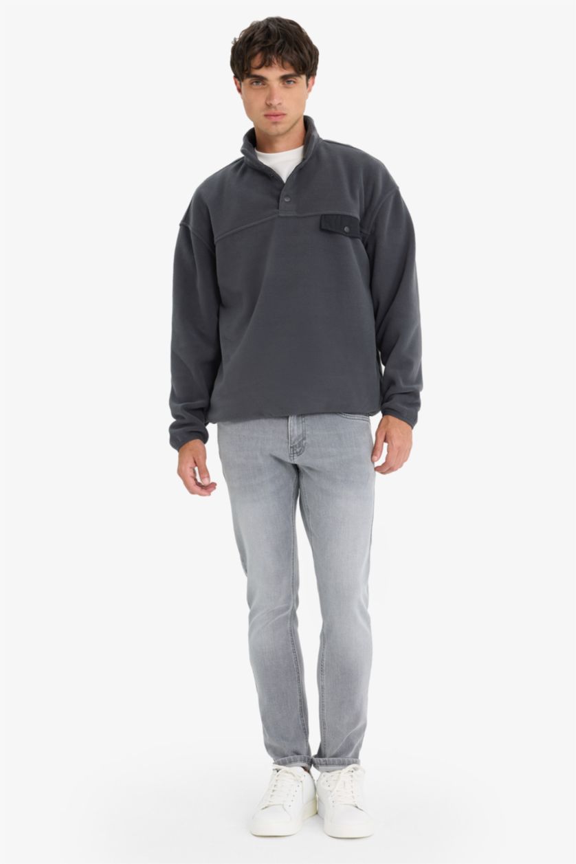 رجالي أنثرا غامق سويت شيرت قطيفة اوفر سايز بياقة عالية بسوسته