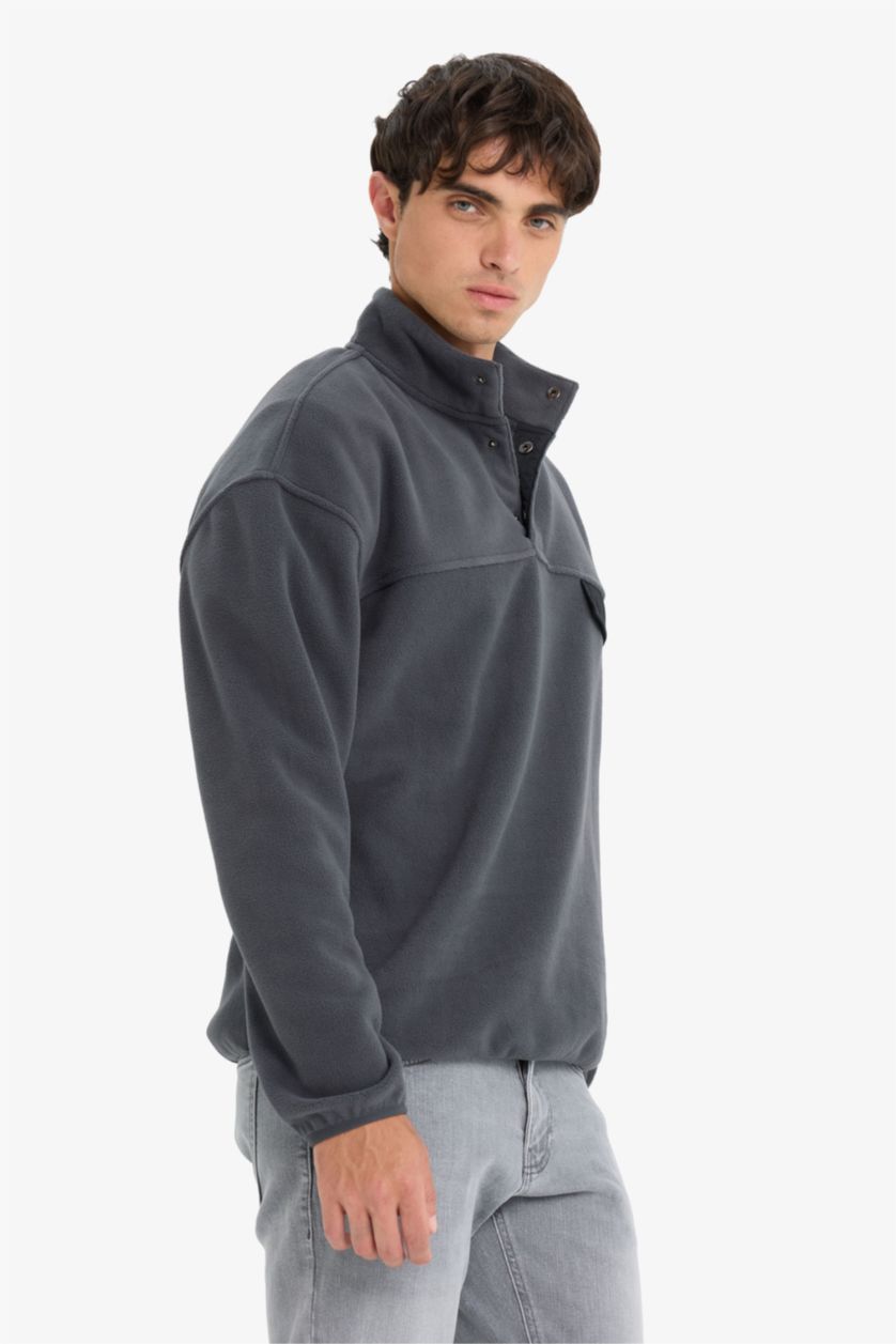 رجالي أنثرا غامق سويت شيرت قطيفة اوفر سايز بياقة عالية بسوسته