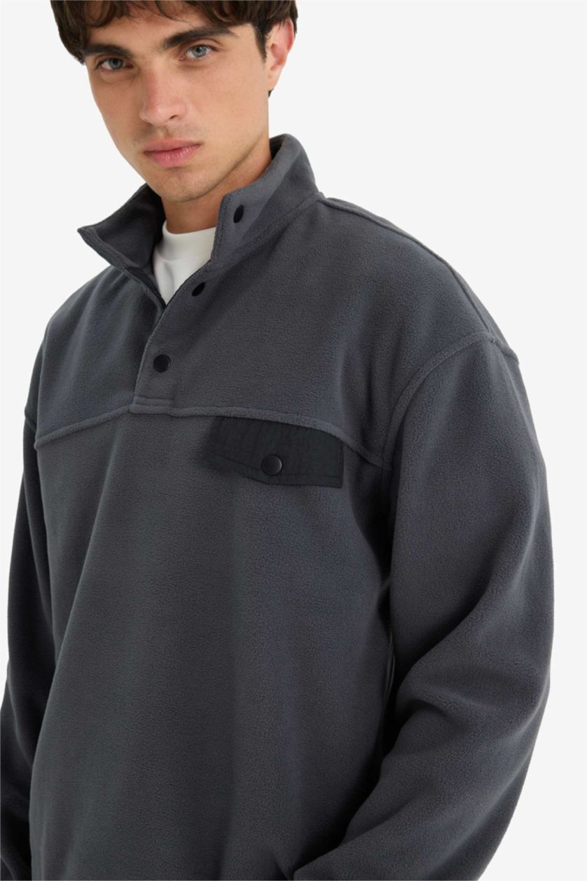 رجالي أنثرا غامق سويت شيرت قطيفة اوفر سايز بياقة عالية بسوسته